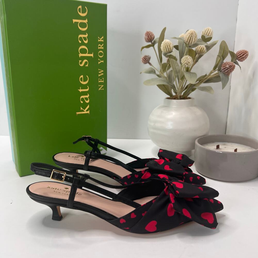 Kate Spade Daxton Heart Kitten Heel Slingback Black/Red Women 6.5M Valentine - Picture 4 of 11